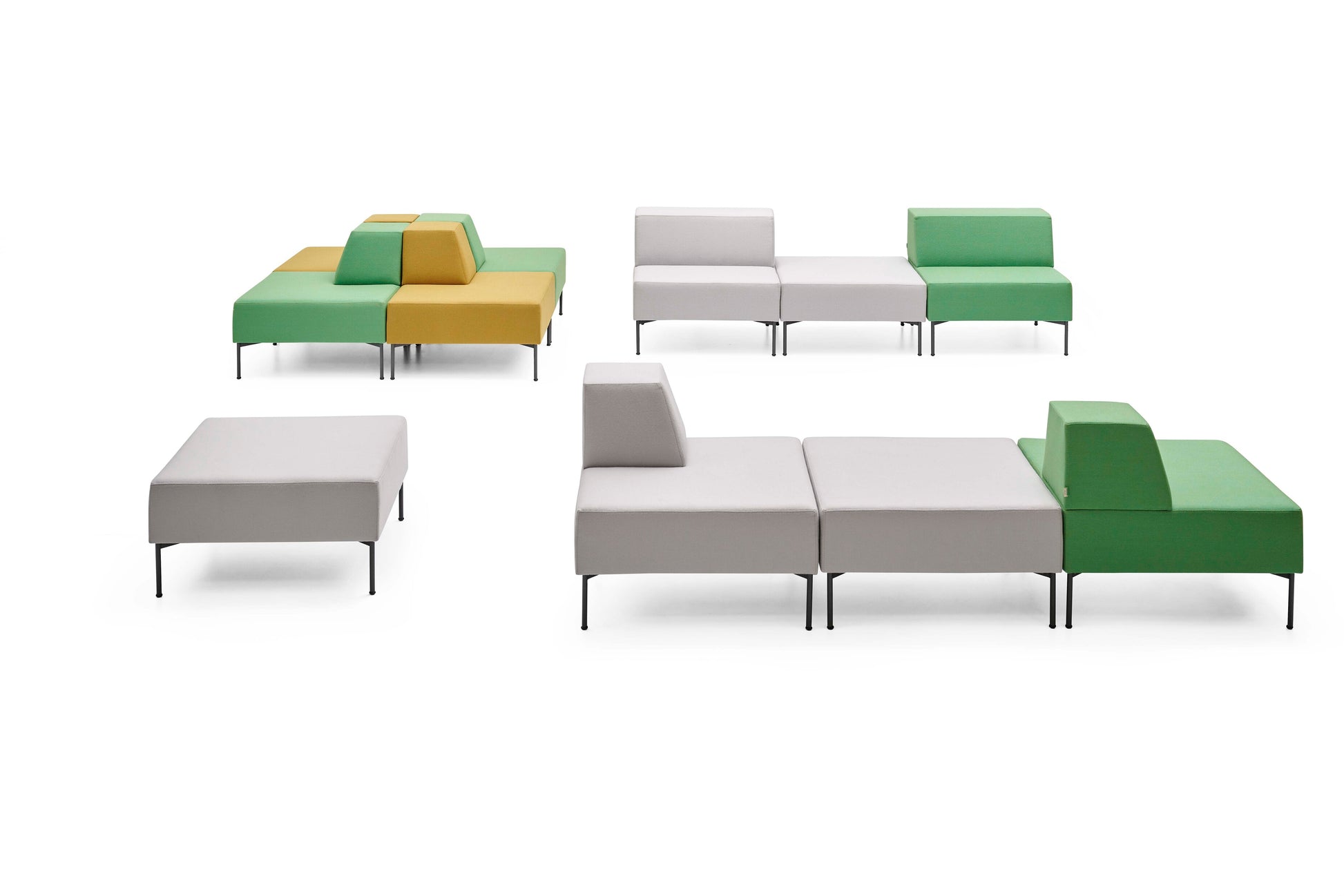 Modular outdoor furniture set with green, yellow, and gray sections on a white background