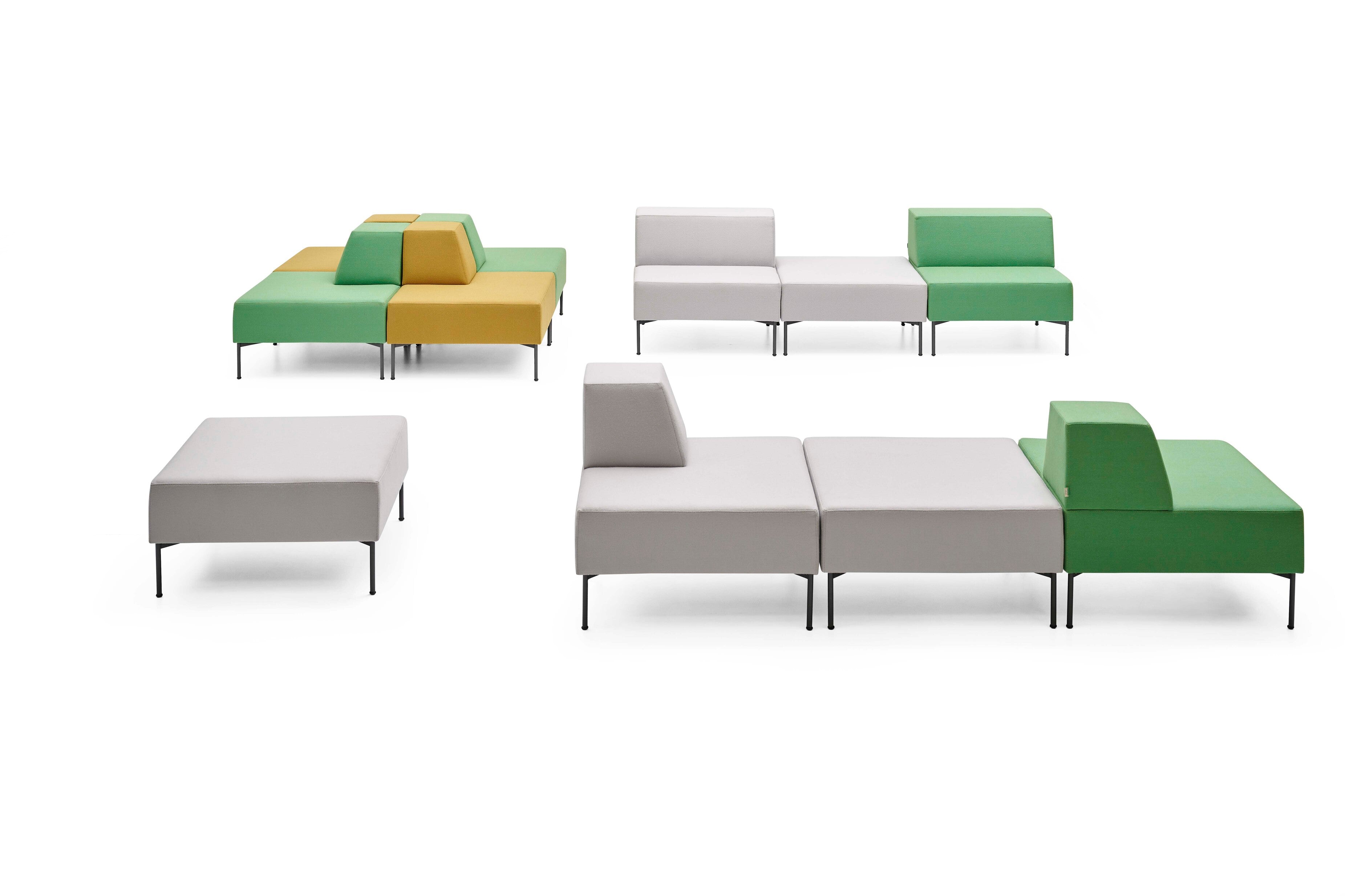 Modular outdoor furniture set with green, yellow, and gray sections on a white background