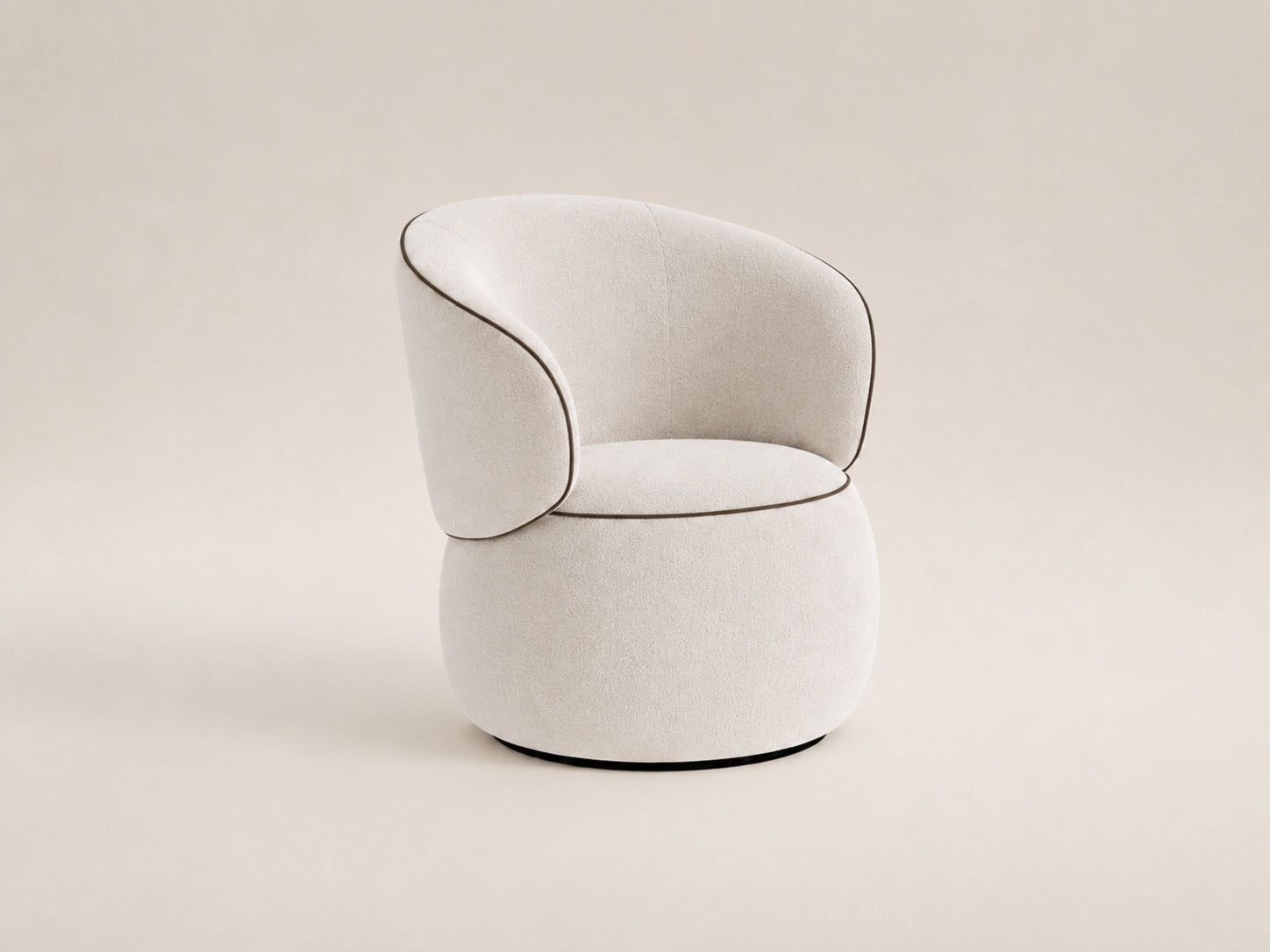 Moss modern lounge chair with sculptural curves, refined piping detail and customizable upholstery for contemporary interiors