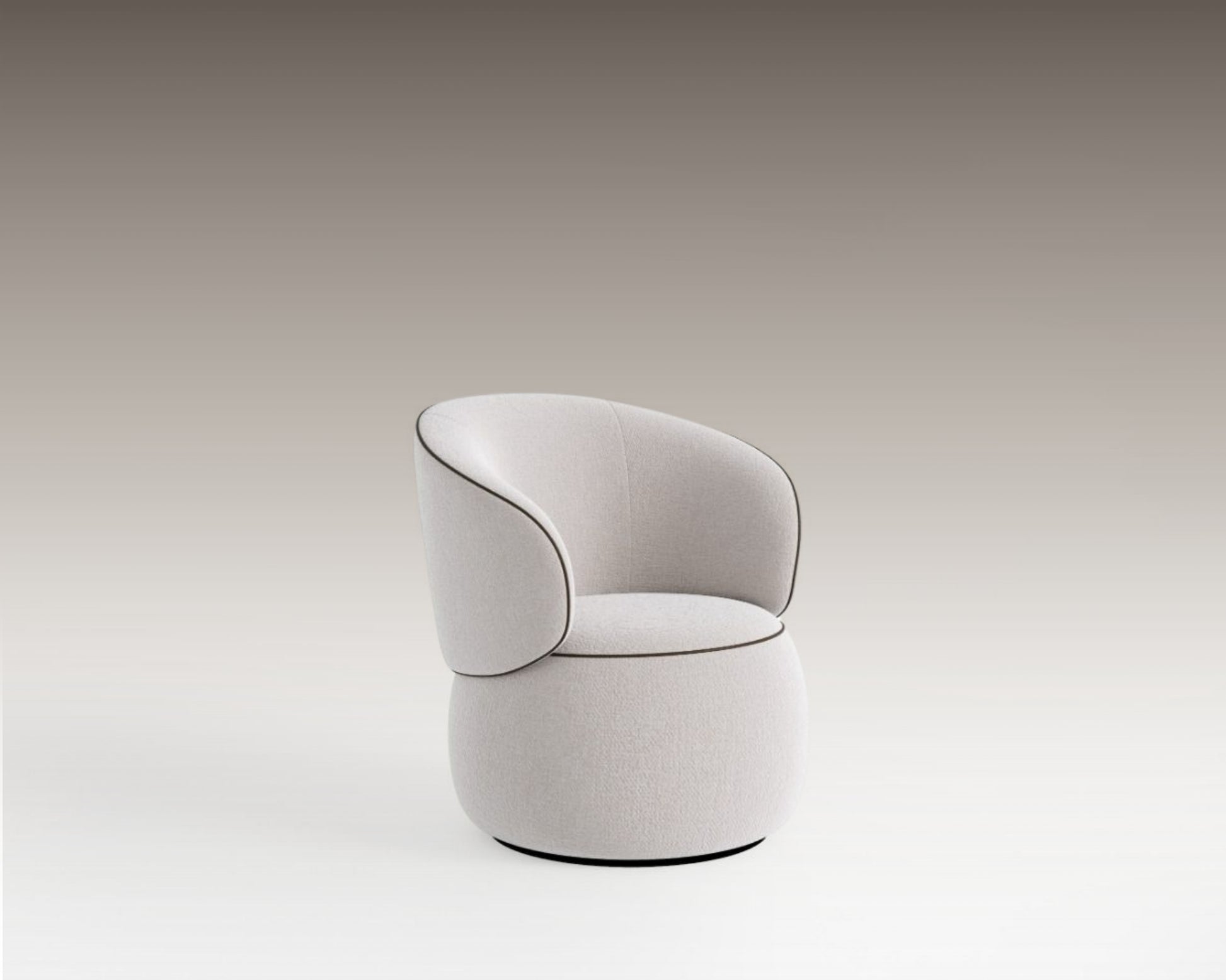 Moss Swivel Armchair in cream upholstery with black piping and rounded base on neutral background