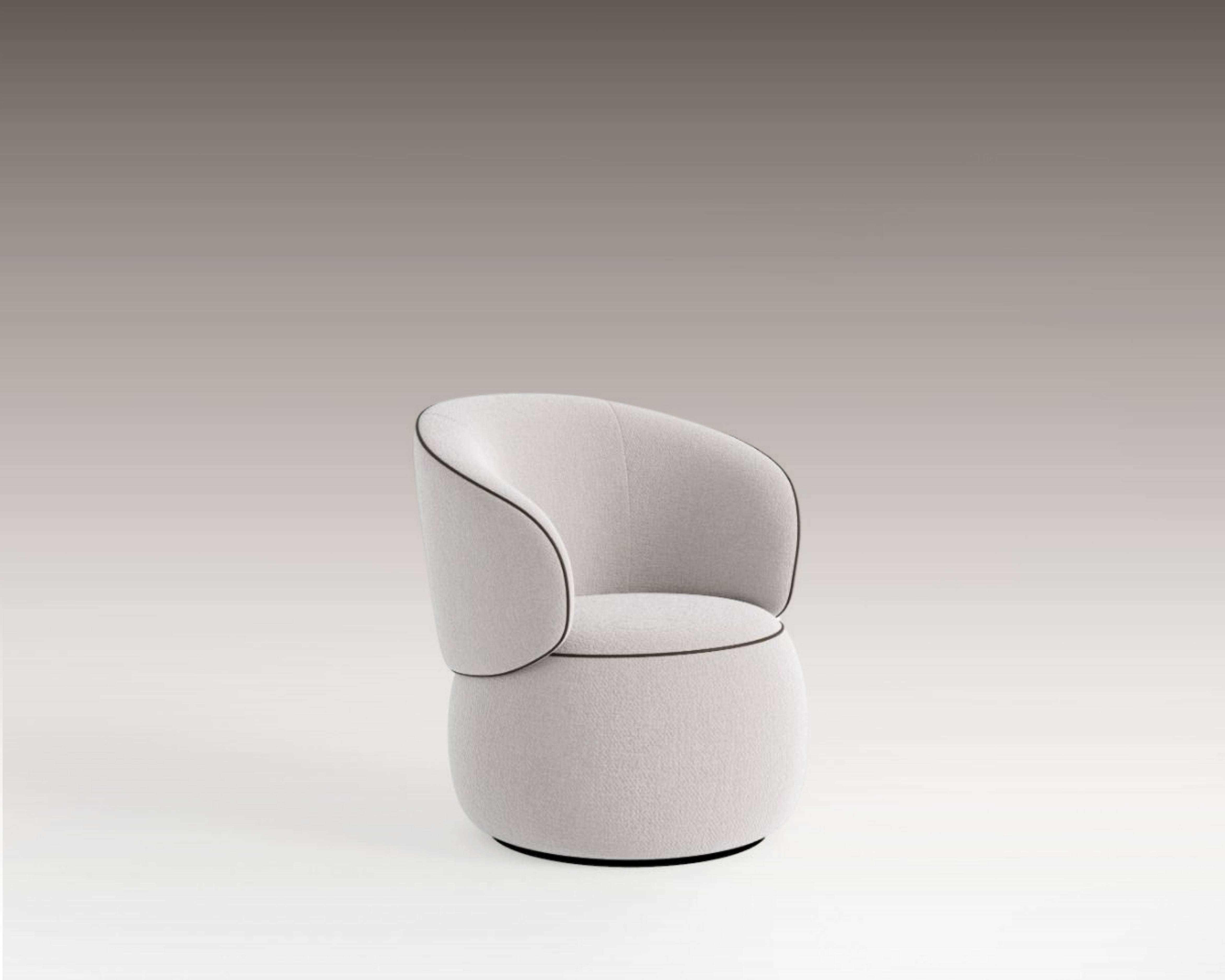 Moss Swivel Armchair in cream upholstery with black piping and rounded base on neutral background