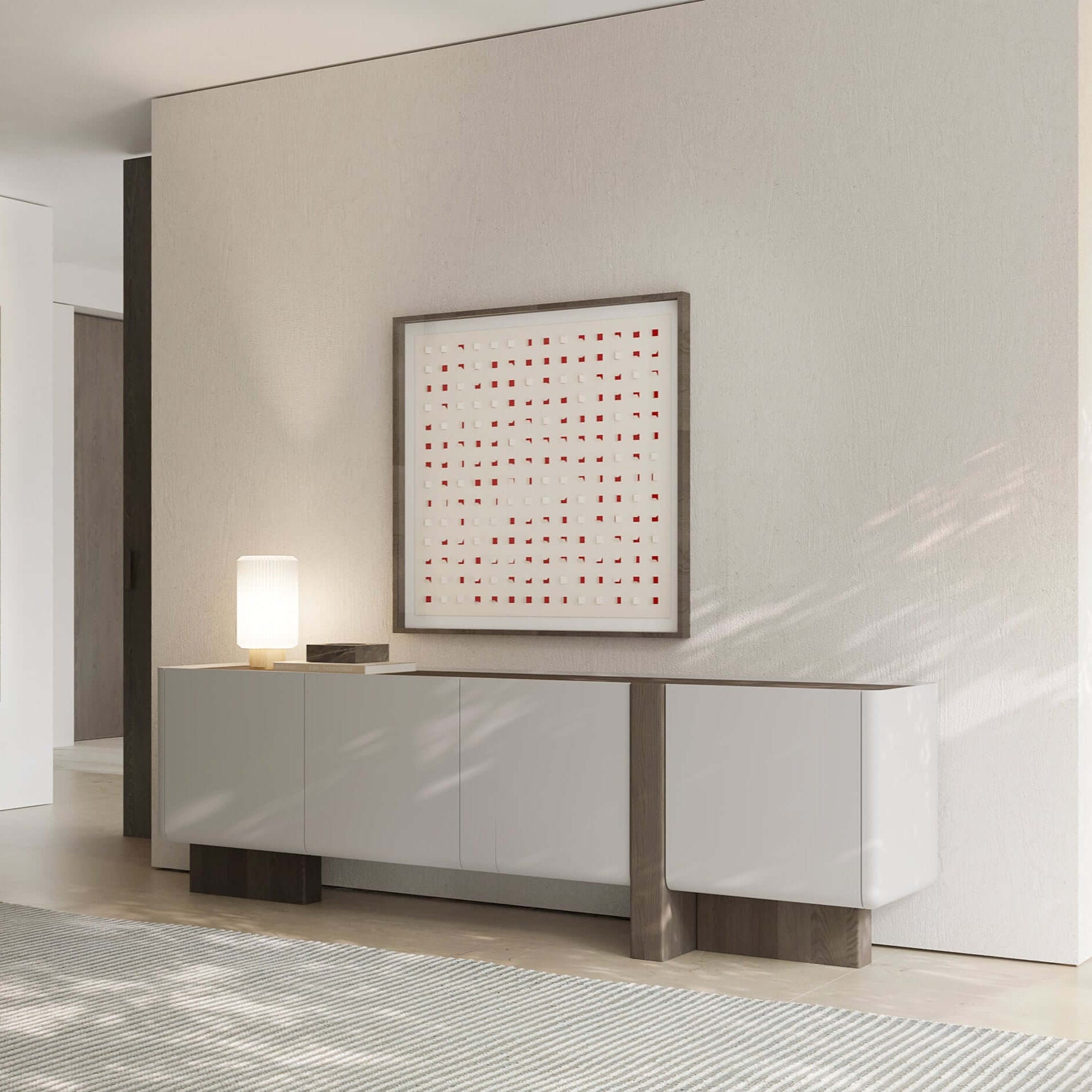 Moss Sideboard Curved Contemporary Furniture with matte lacquered doors, wood frame, and asymmetrical sculptural base. contemporary curved design with ample concealed storage.