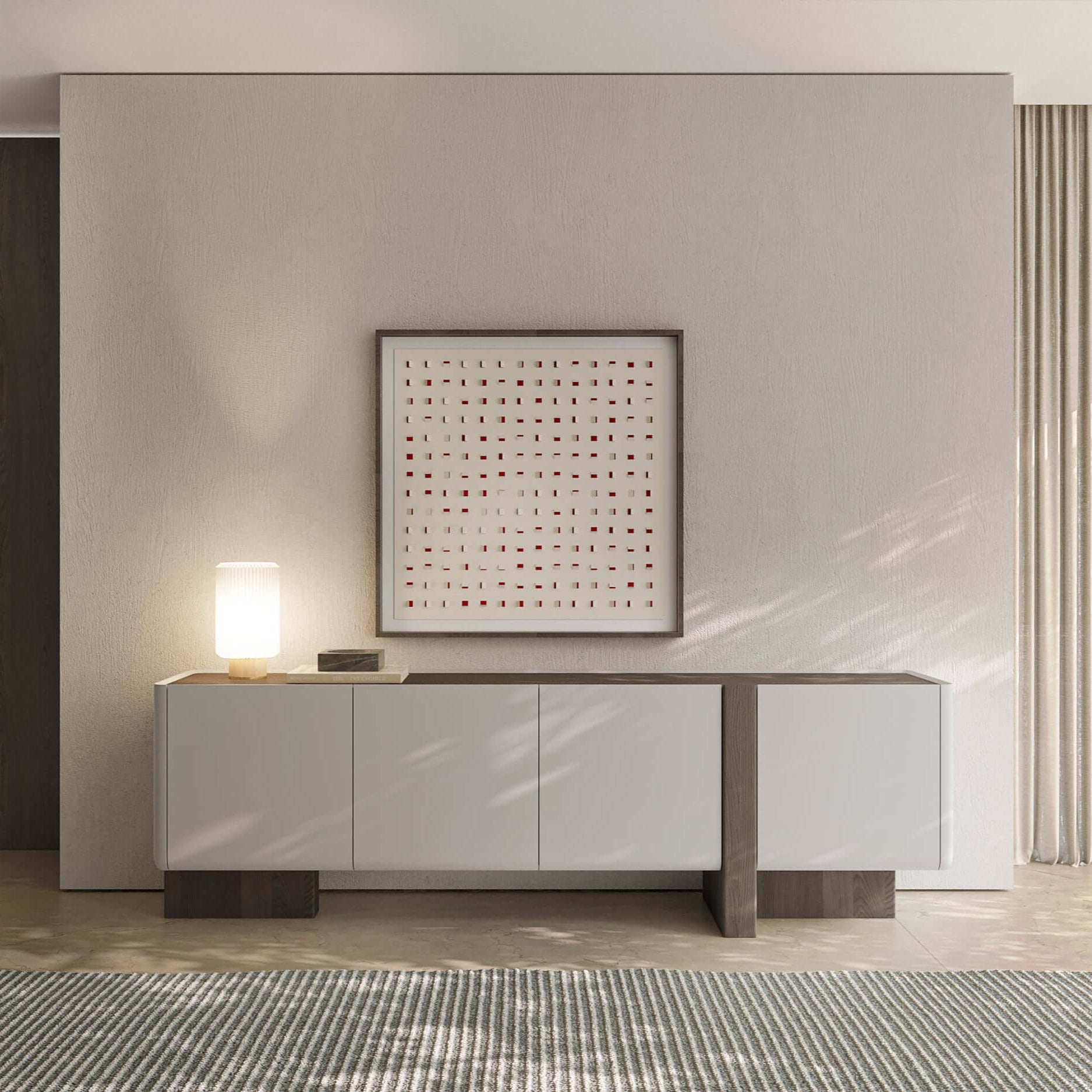 Moss Sideboard Curved Contemporary Furniture with matte lacquered doors, wood frame, and asymmetrical sculptural base. contemporary curved design with ample concealed storage.