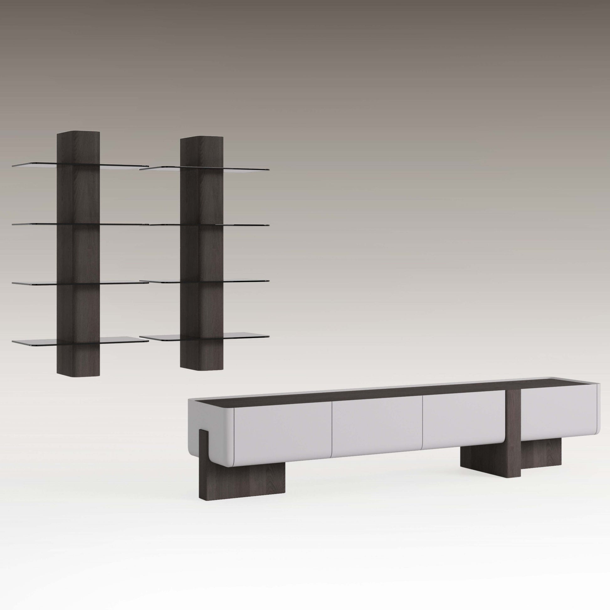 Moss TV Unit - Lower Block with two-tone finish, linear profile, and low structure. Modern minimalist design with concealed storage for media accessories.