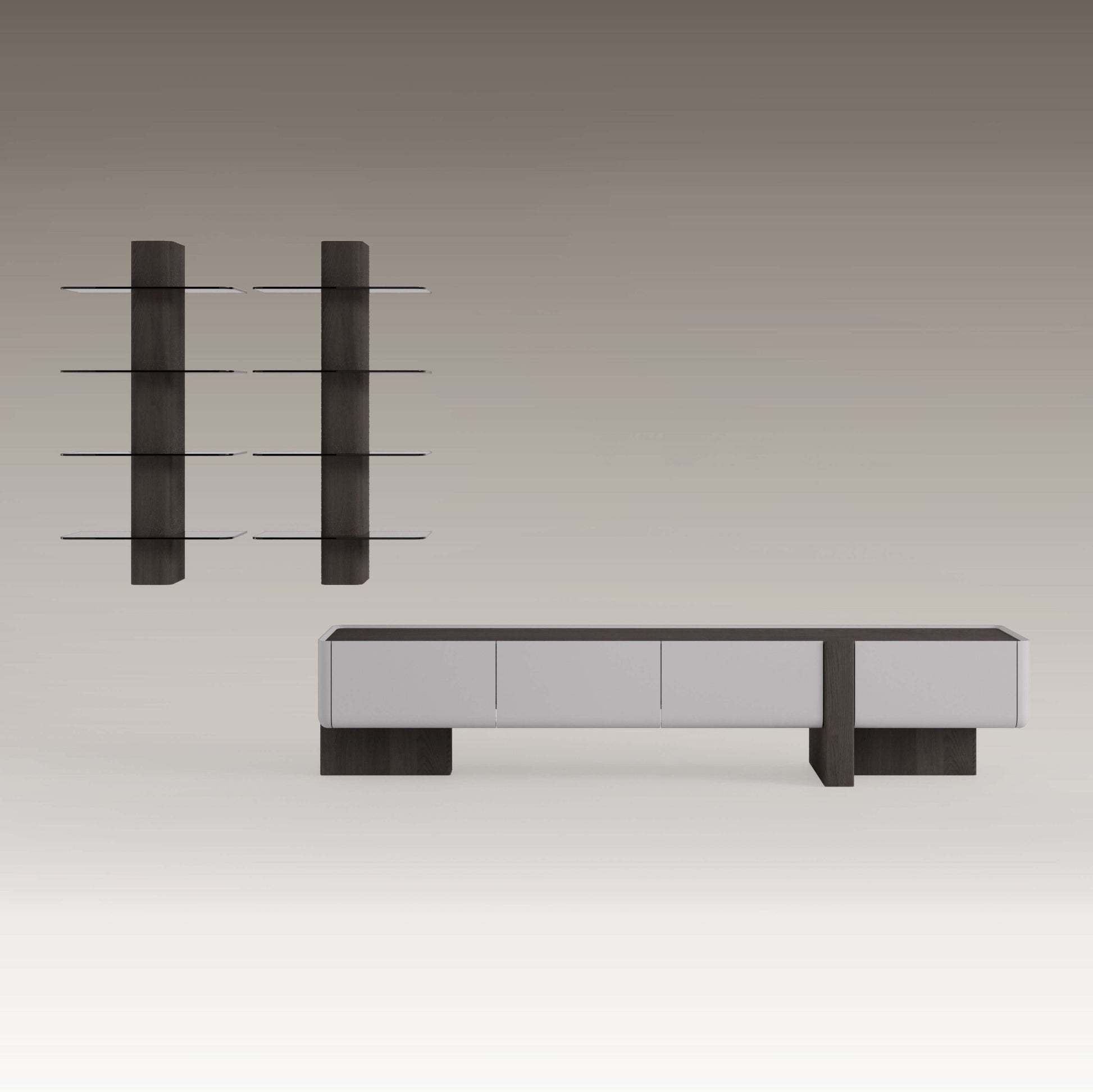 Moss TV Unit - Lower Block with two-tone finish, linear profile, and low structure. Modern minimalist design with concealed storage for media accessories.