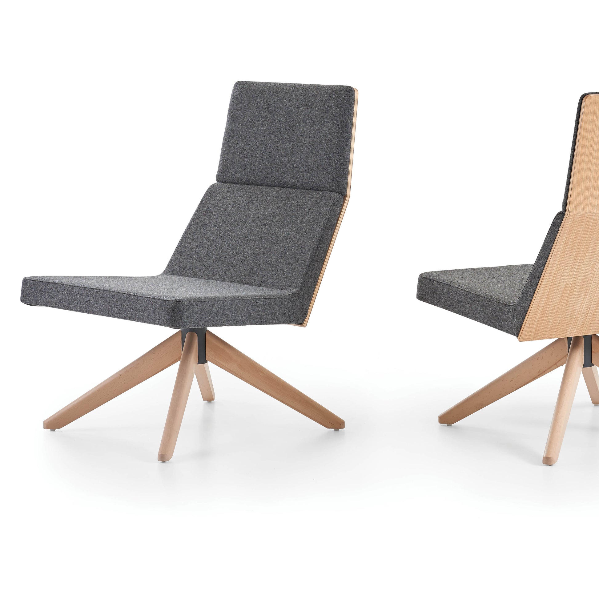 Two modern chairs with gray seats and wooden frames on a white background