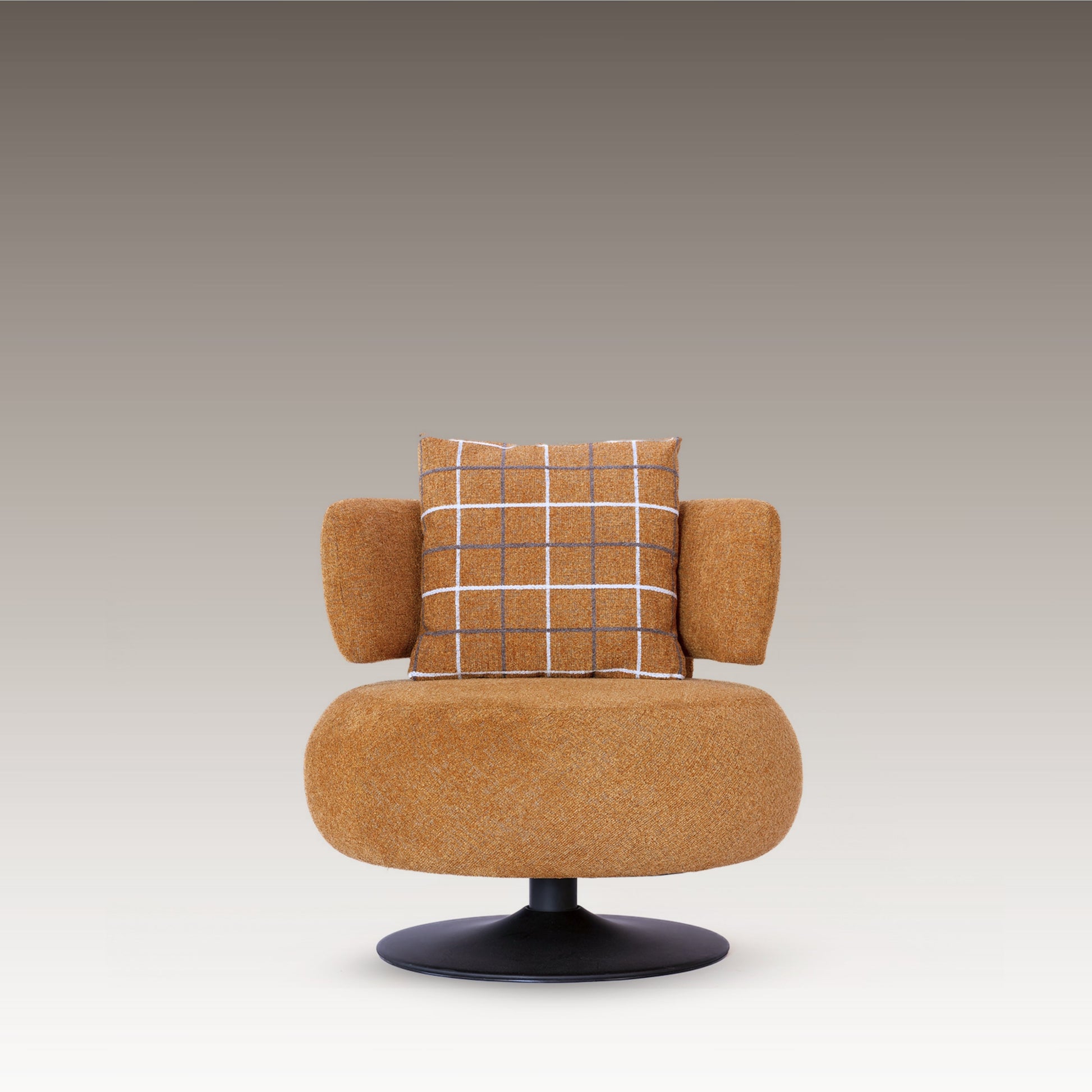 Norm Armchair in orange checkered fabric with black swivel base