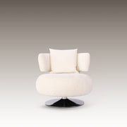Front view of Norm Armchair in ivory boucle with silver swivel base