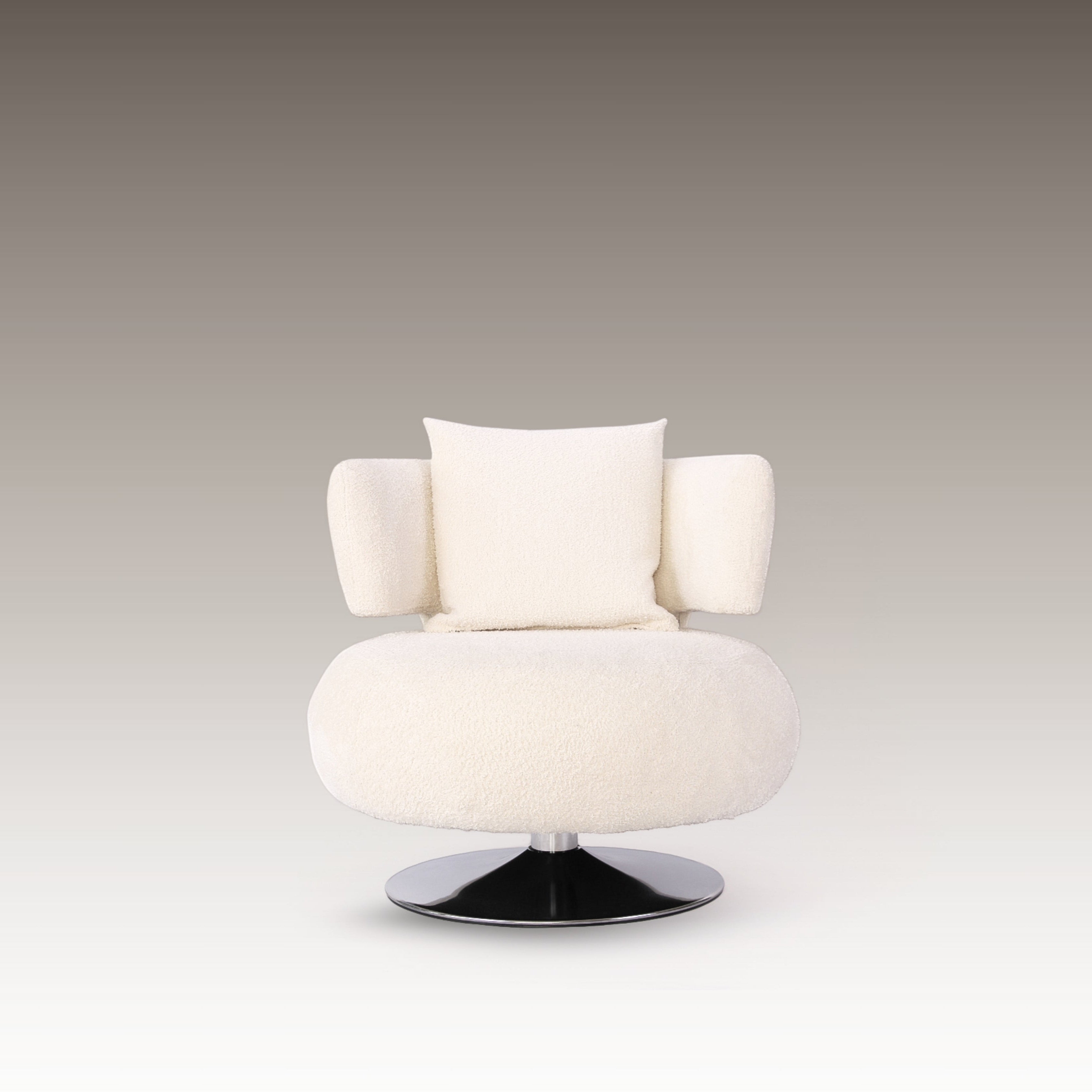 Front view of Norm Armchair in ivory boucle with silver swivel base