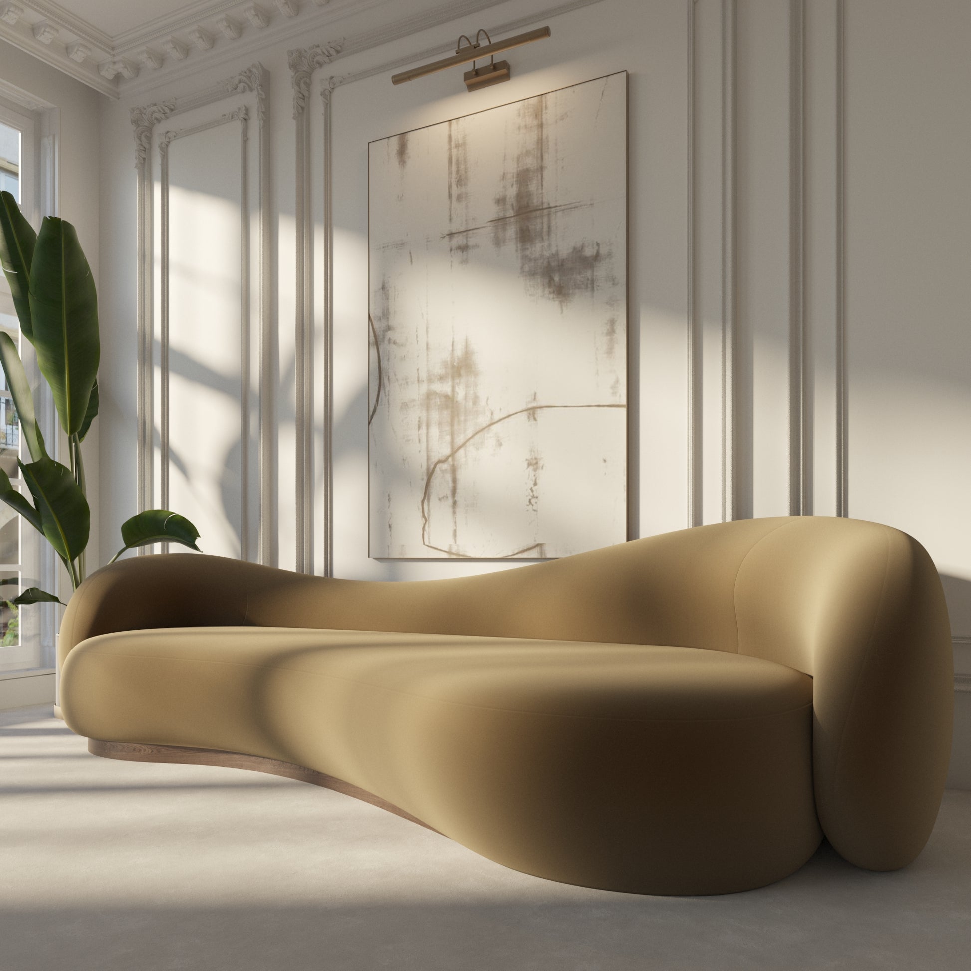 Modern caramel sofa in a stylish room with abstract art and plants