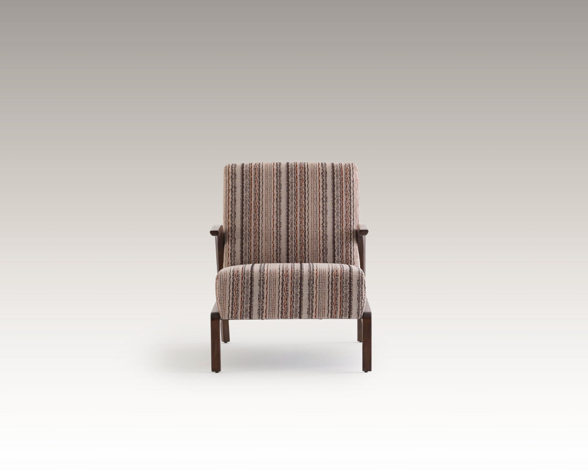 Front view of Savanna Armchair with patterned upholstery and wooden arms