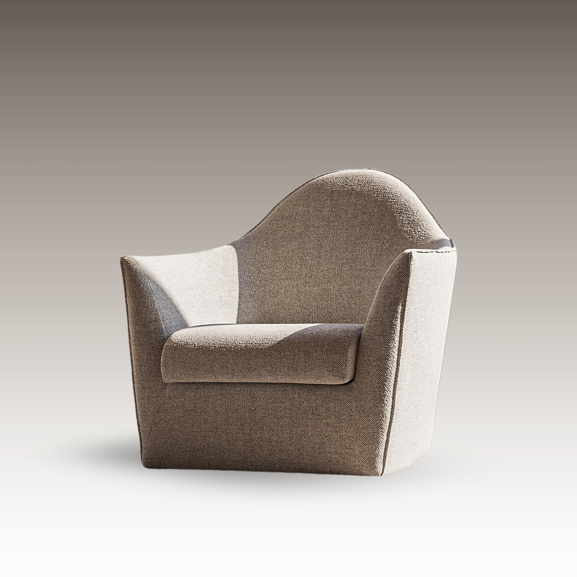 Serene Armchair in neutral woven fabric with sculptural arms and a high, arched back