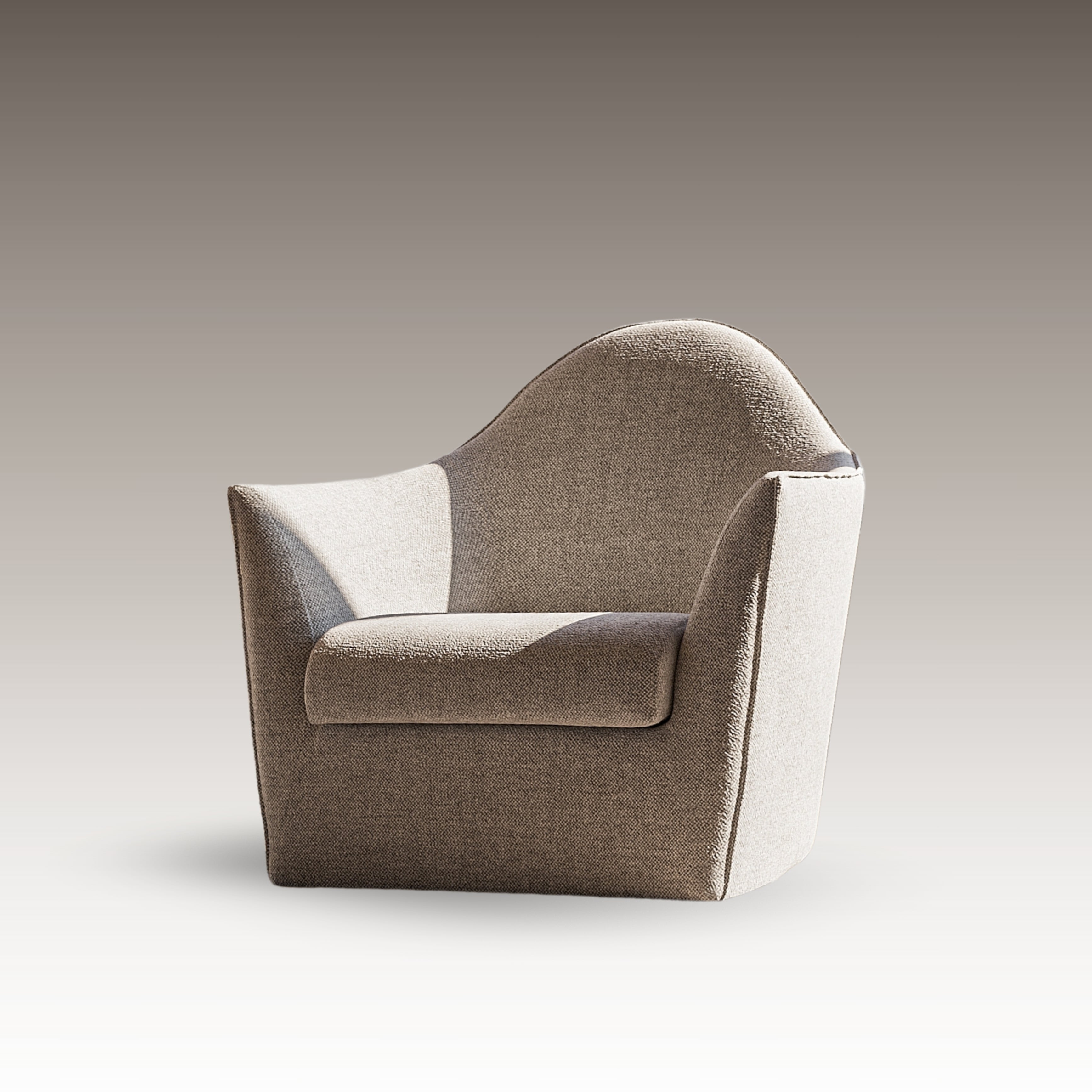 Serene Armchair in neutral woven fabric with sculptural arms and a high, arched back