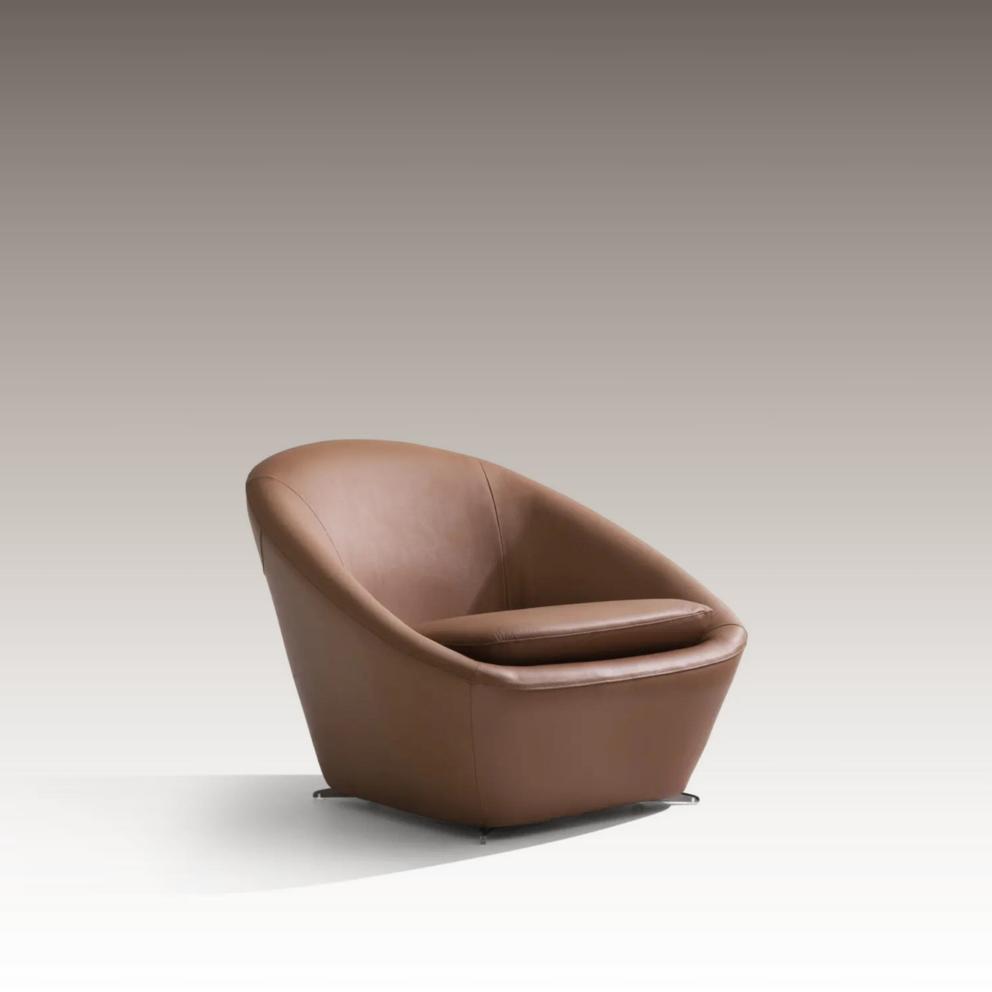 Tao Armchair in brown leather, side angle