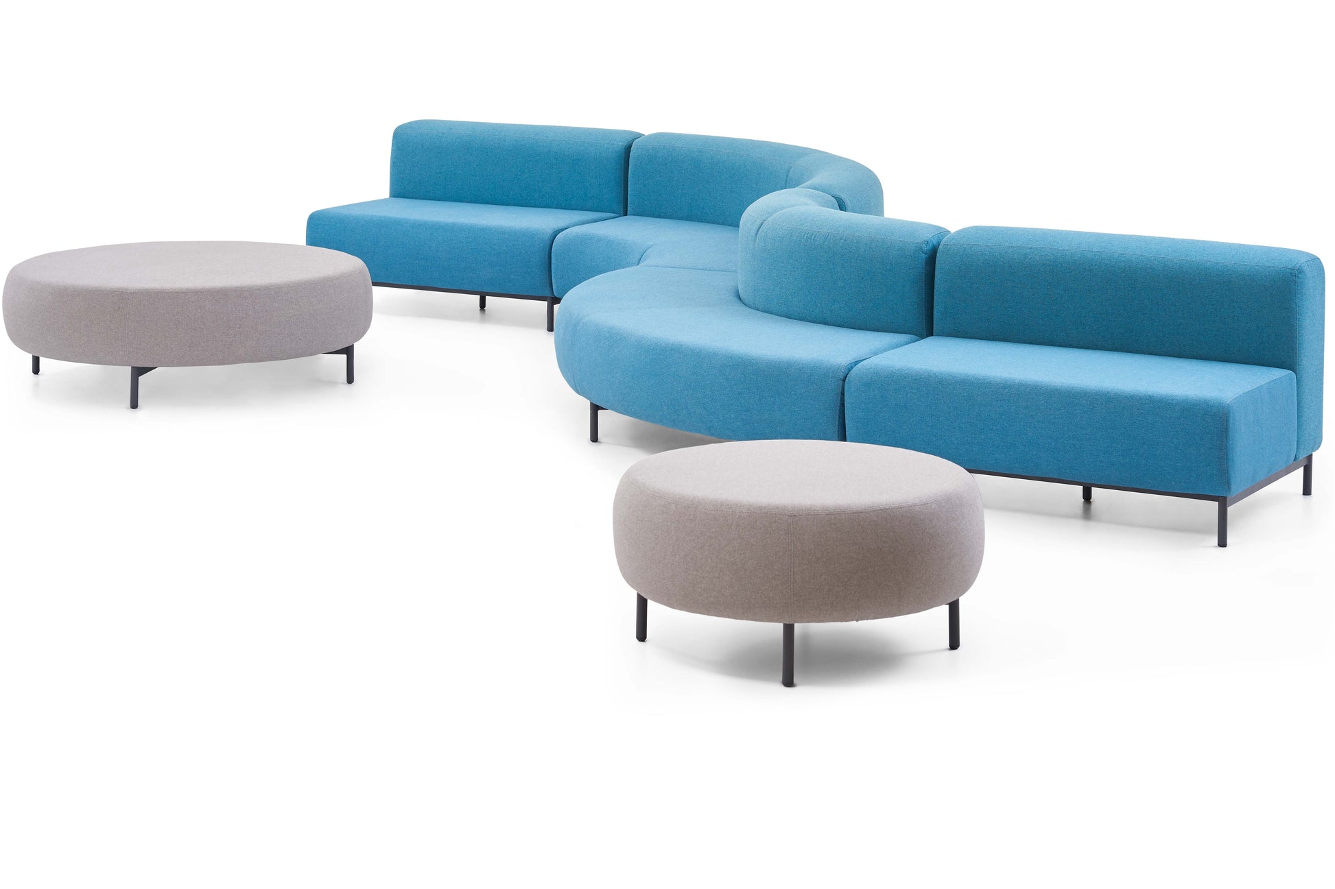 Blue modern sofa set with two gray ottomans on a white background