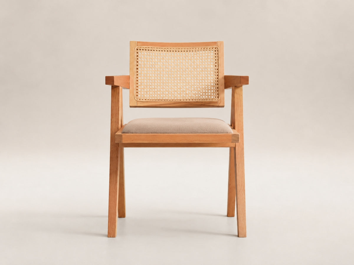 Tuscany Oak Dining Chair by Canapy Furniture featuring a solid oak frame, woven cane backrest and cushioned seat