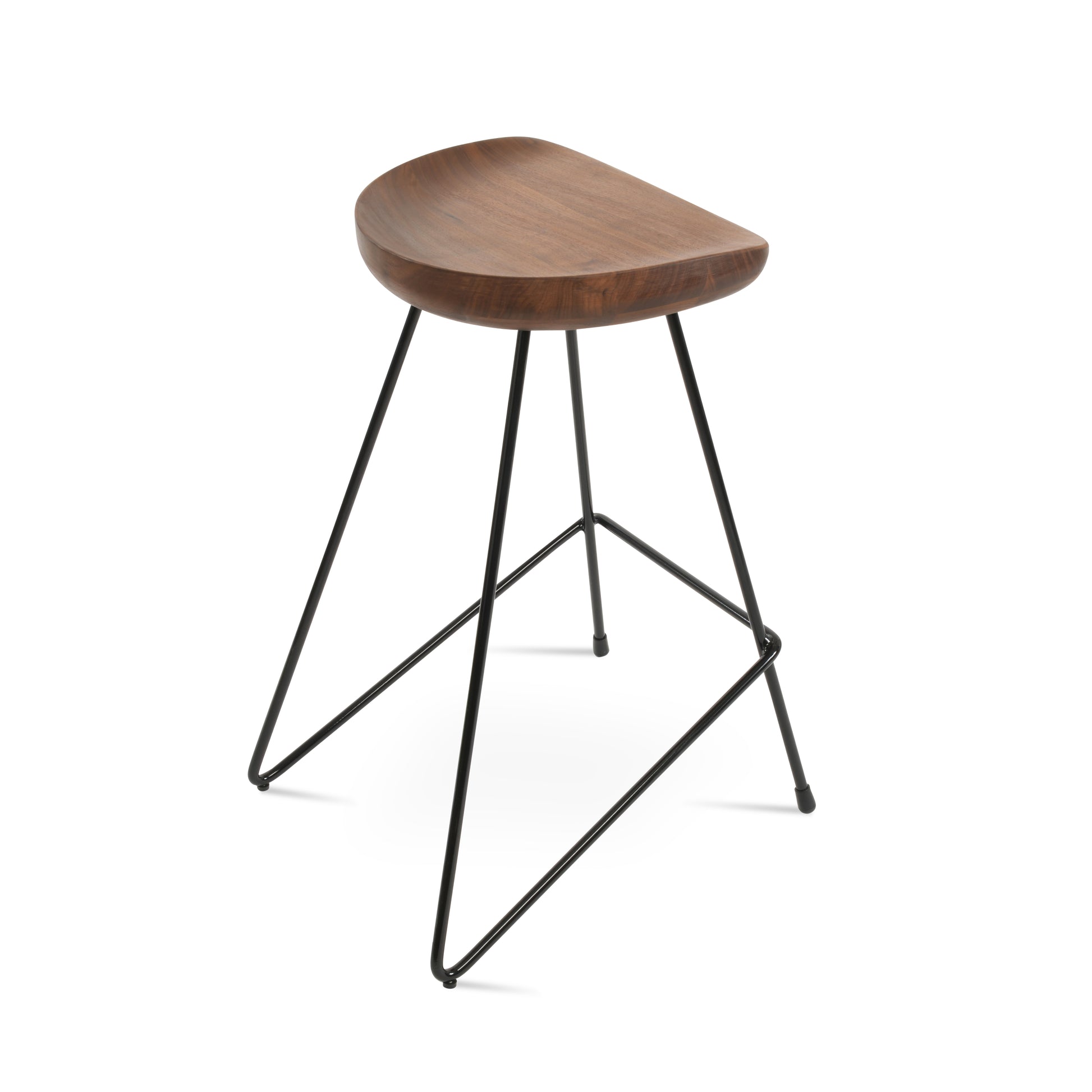 Wooden stool with black metal legs on a white background