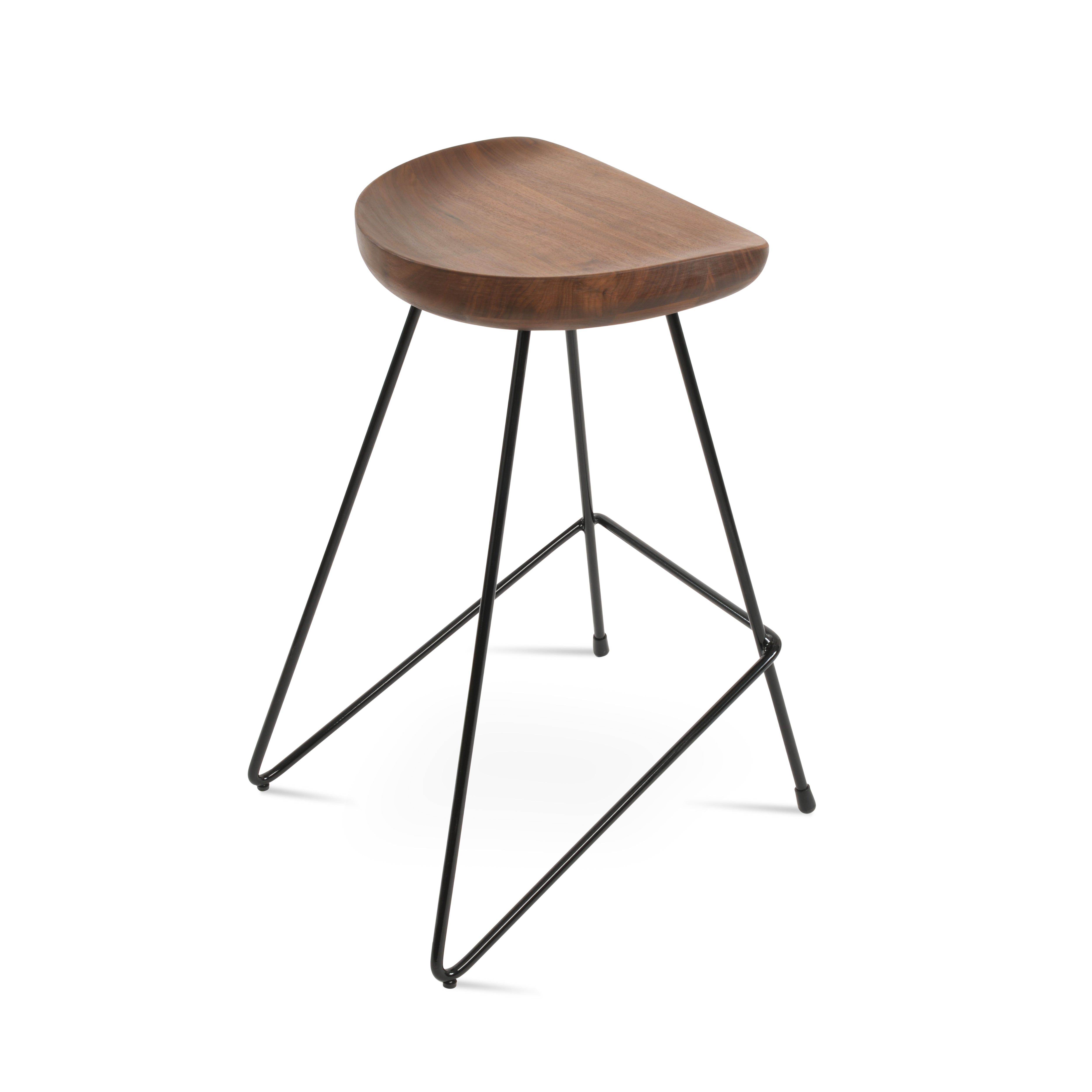 Wooden stool with black metal legs on a white background