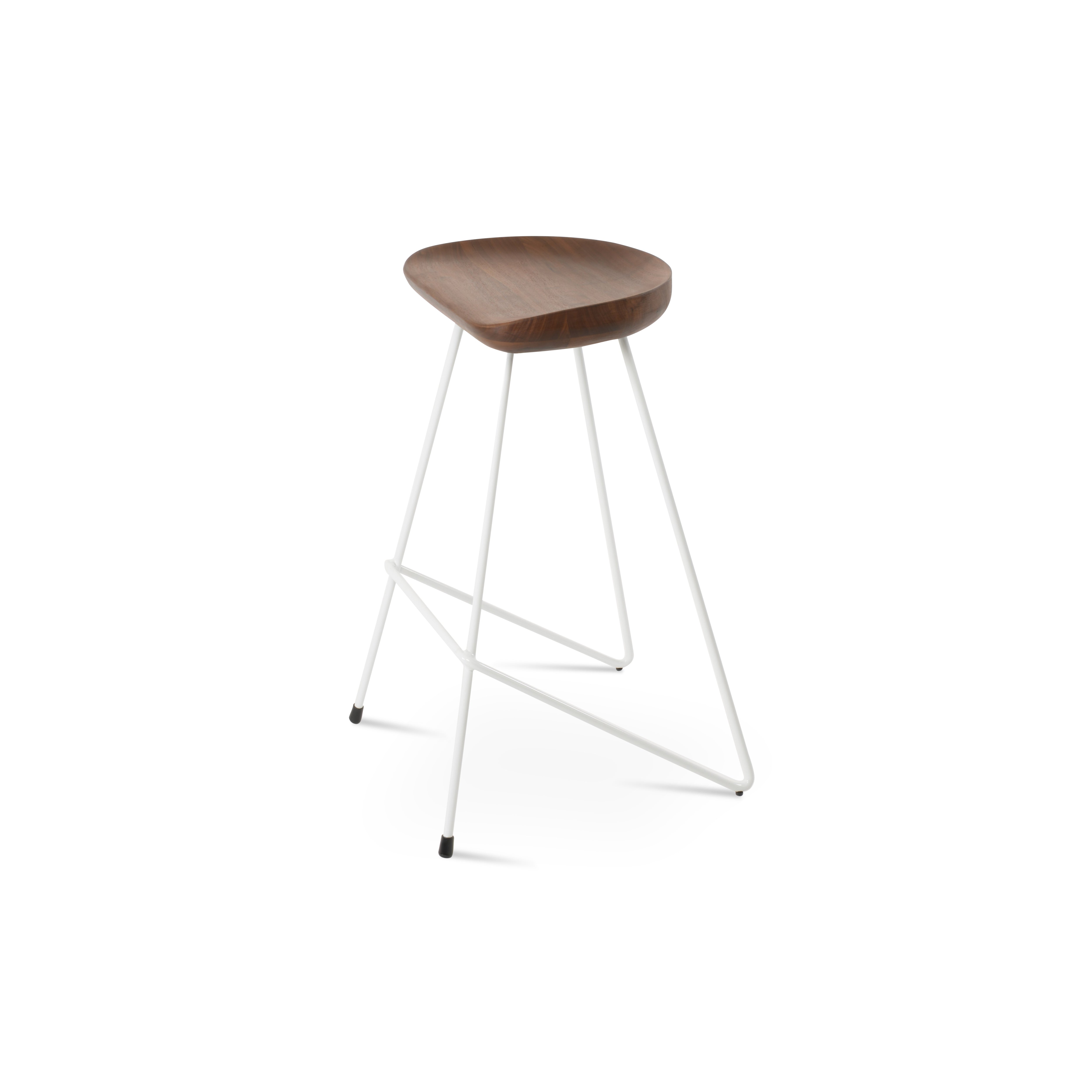 Bar stool with wooden seat and white metal legs on a white background