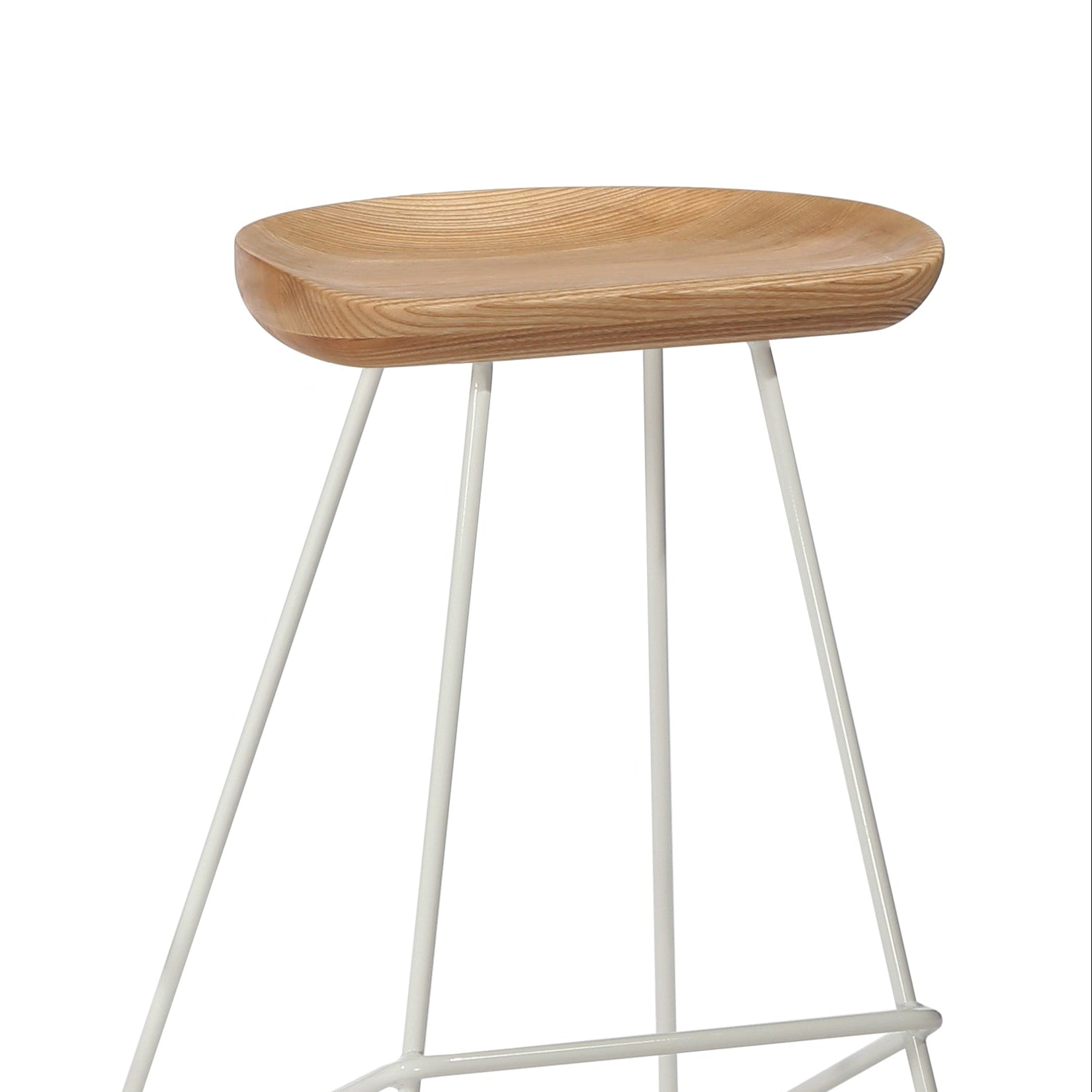 Wooden stool with white metal legs on a white background
