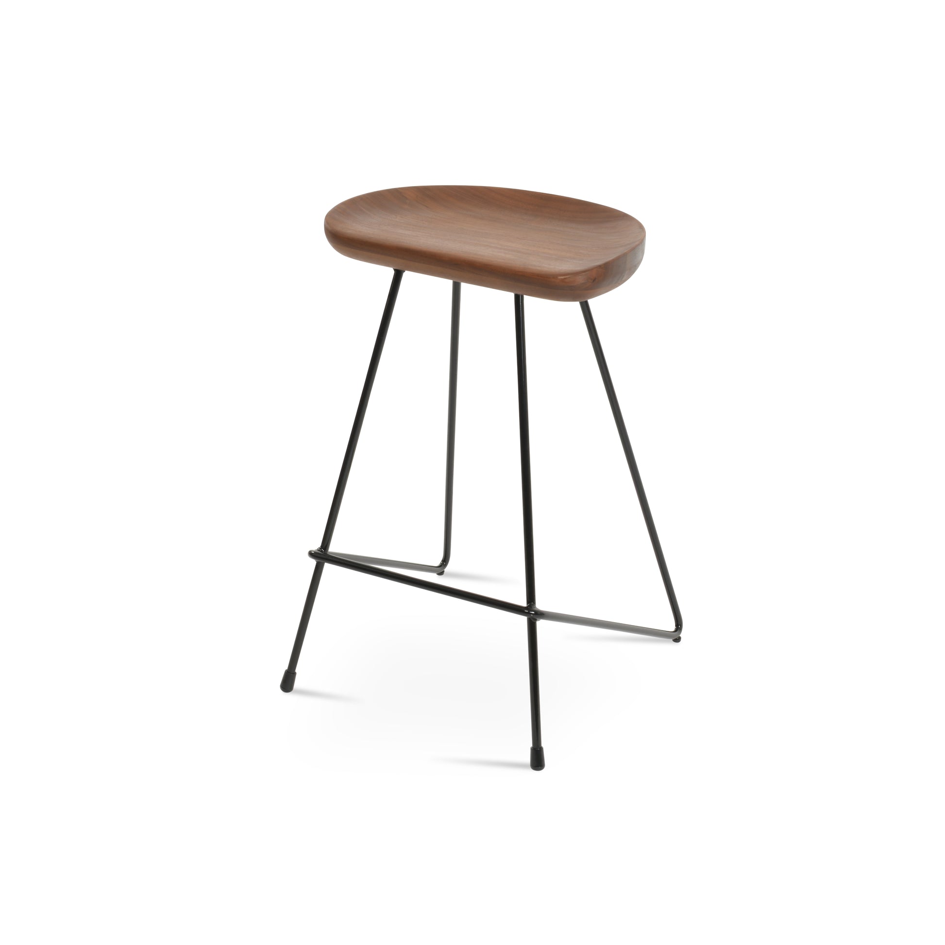 Wooden stool with black metal legs on a white background