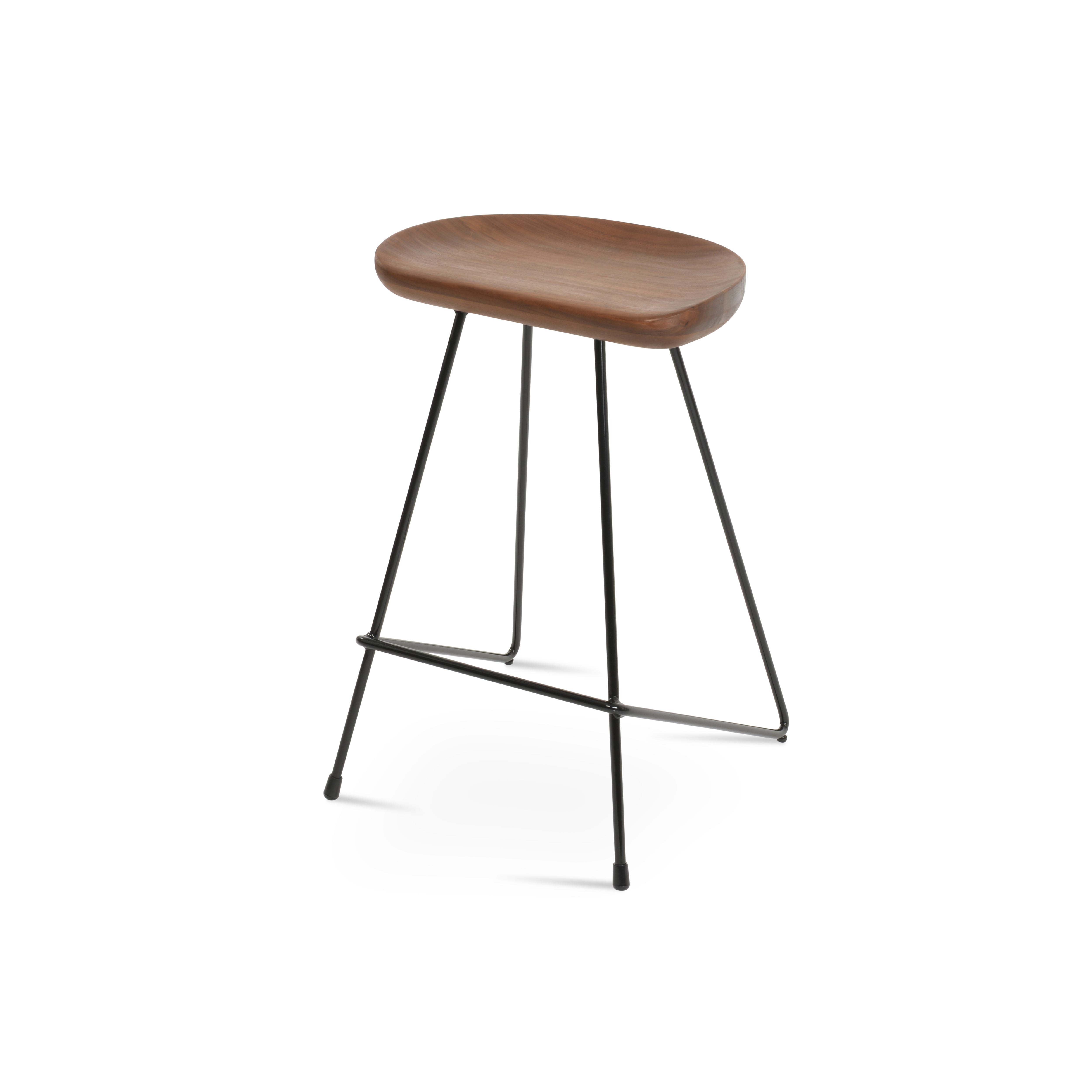 Wooden stool with black metal legs on a white background