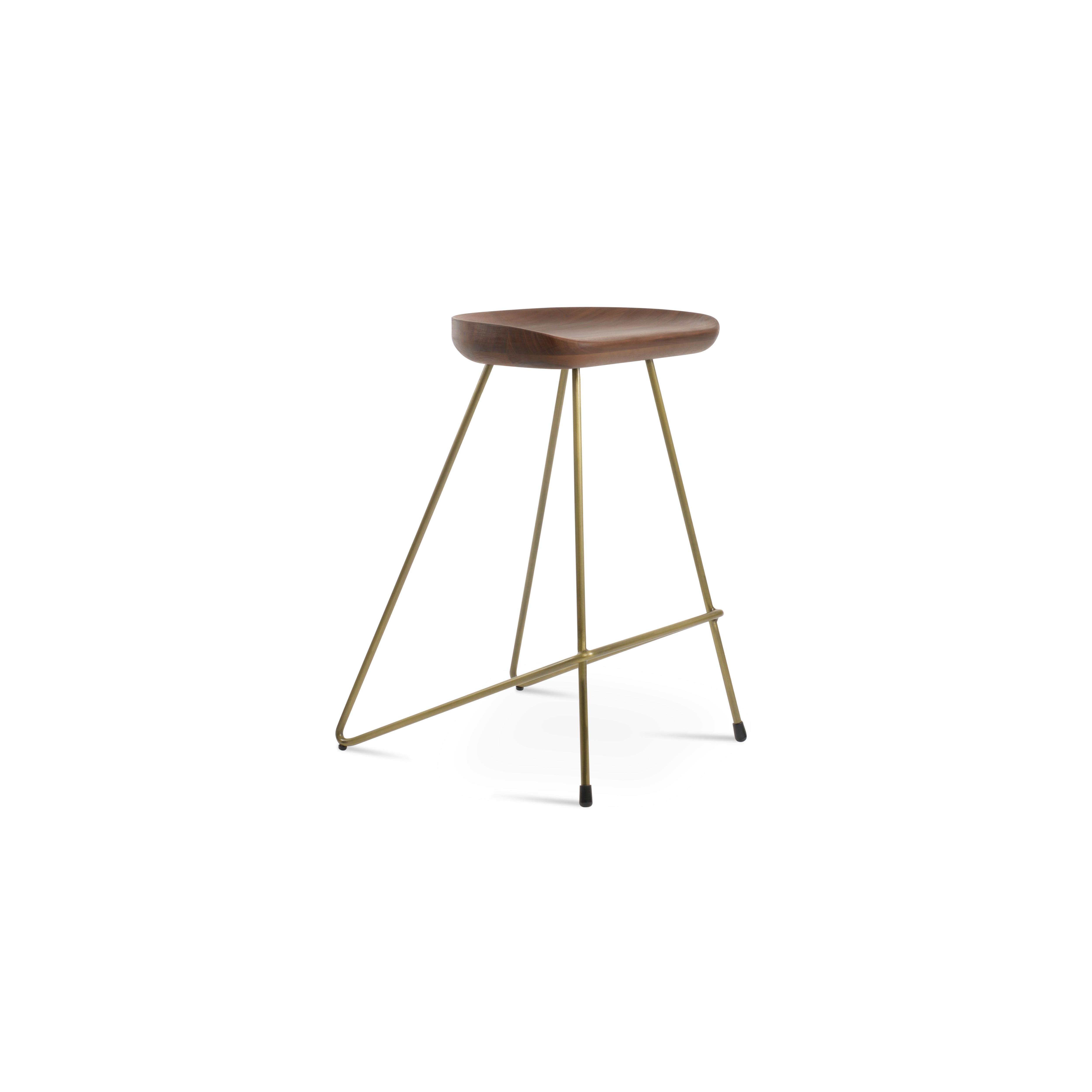 Stool with wooden seat and gold metal legs on a white background