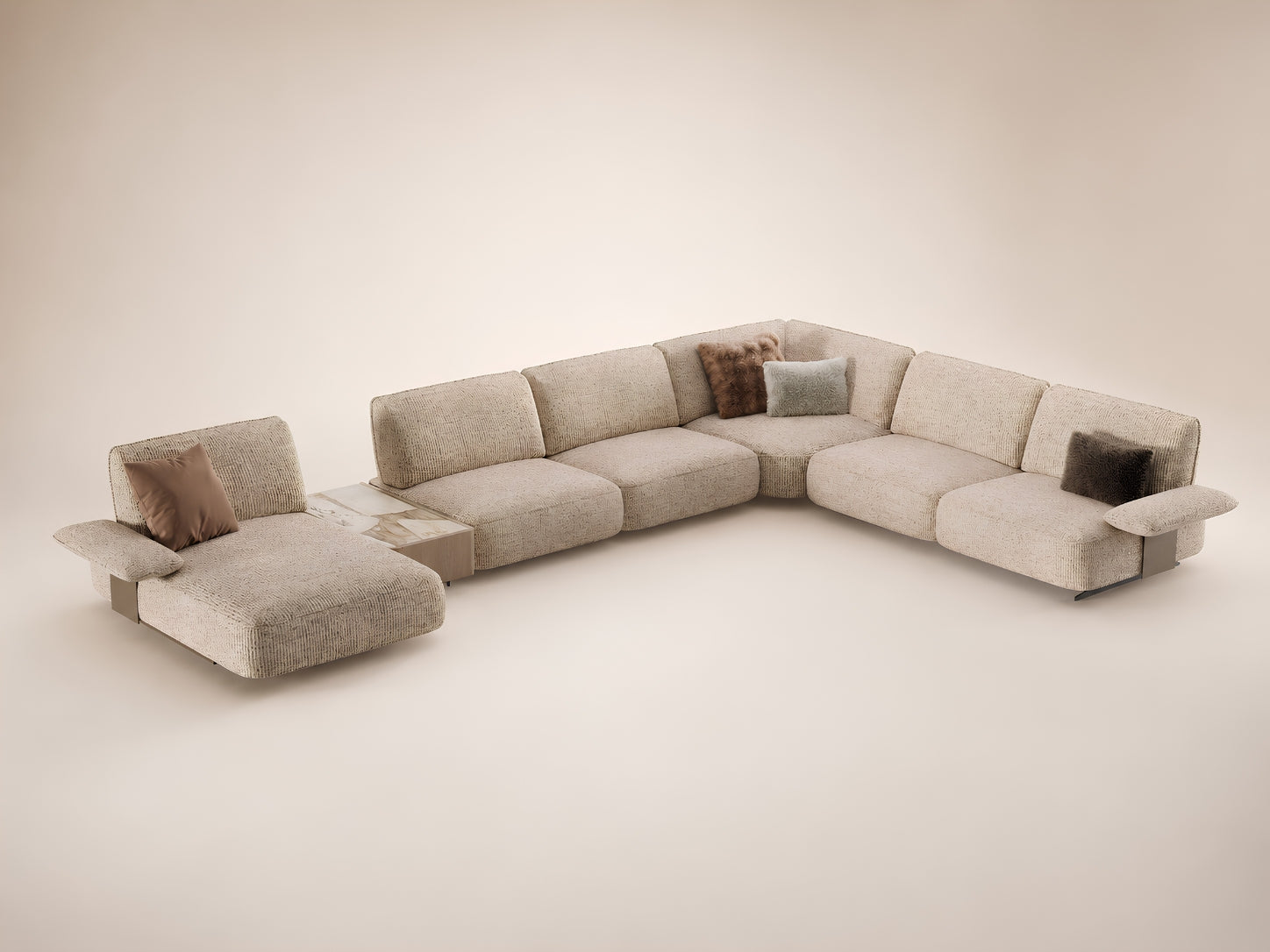 Vento modular sectional sofa with plush cushions, sculptural armrests and optional integrated table for modern interiors