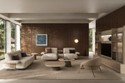 Modern living room with beige furniture and wooden walls