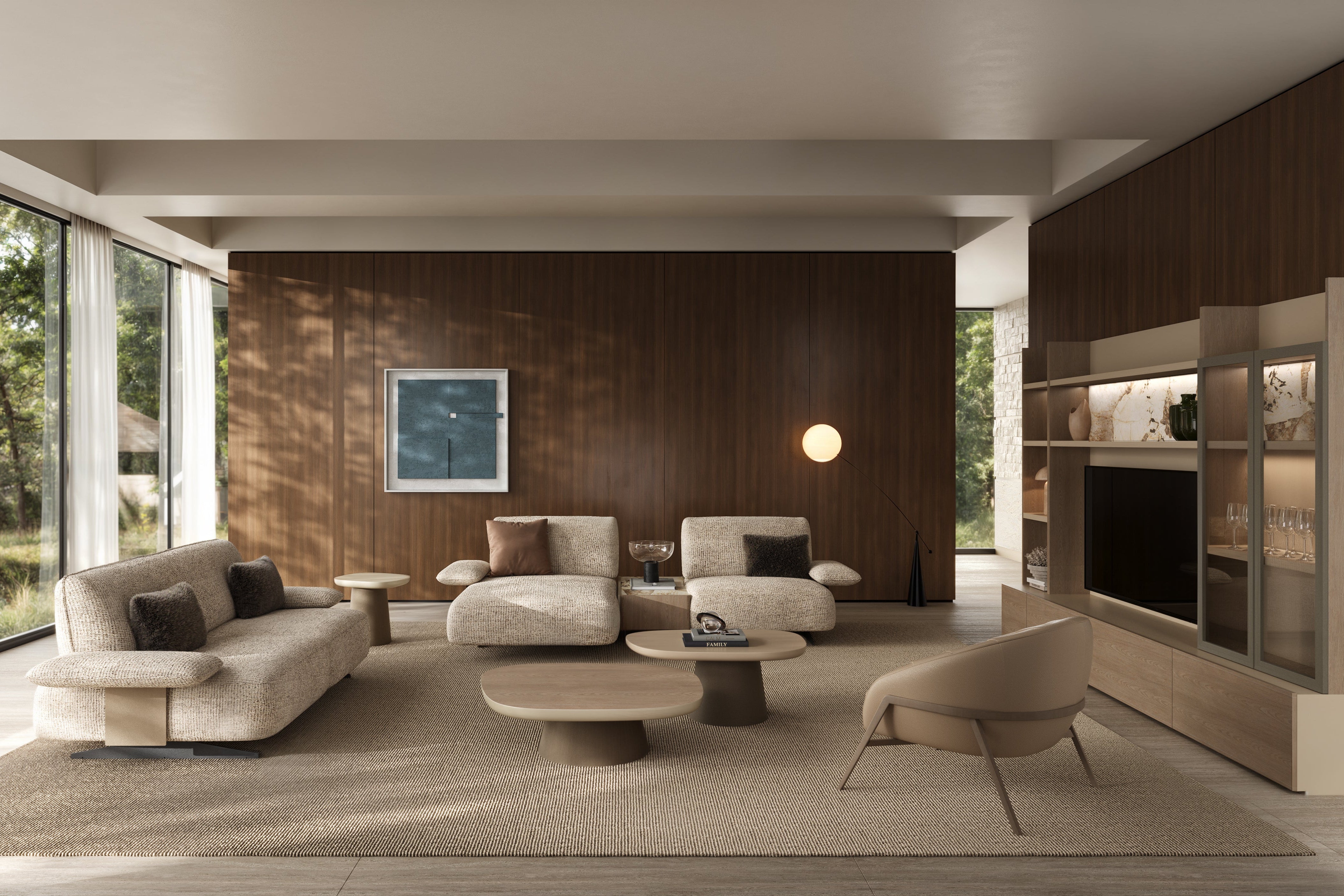 Modern living room with beige furniture and wooden walls