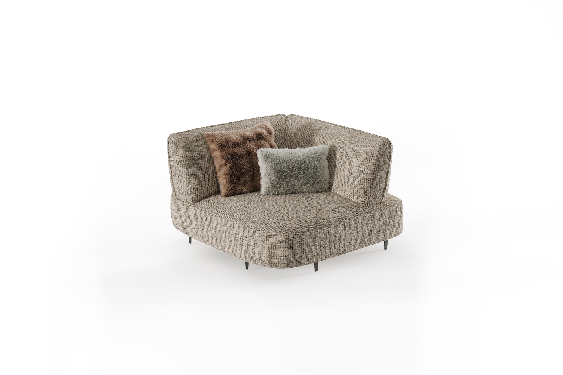 Modern hexagonal sofa with two cushions on a white background