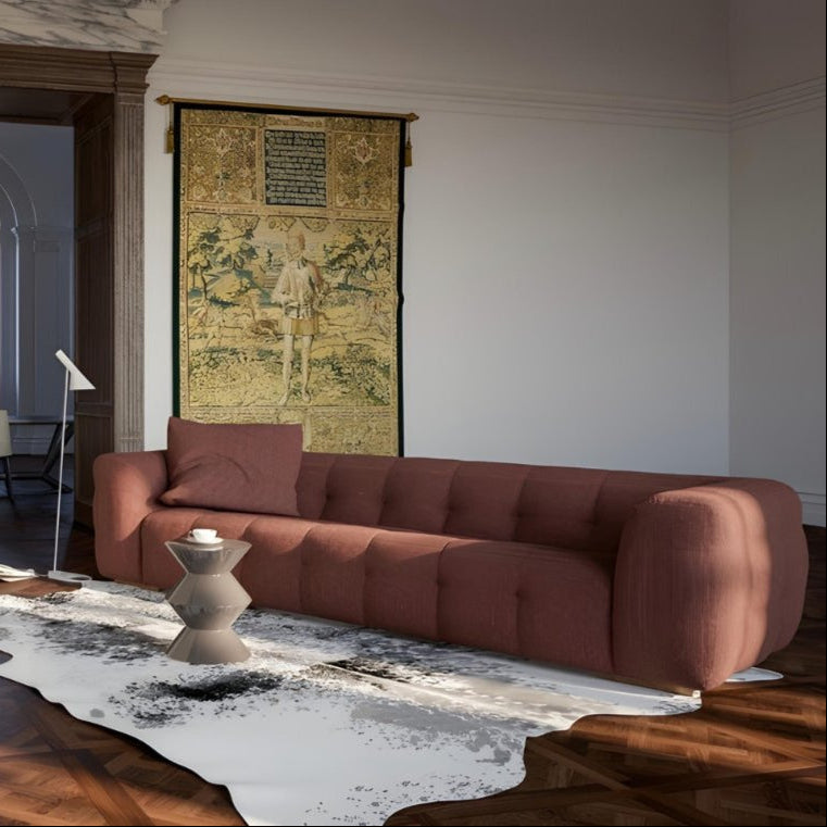 Stylish fabric sofa with tufted cushions