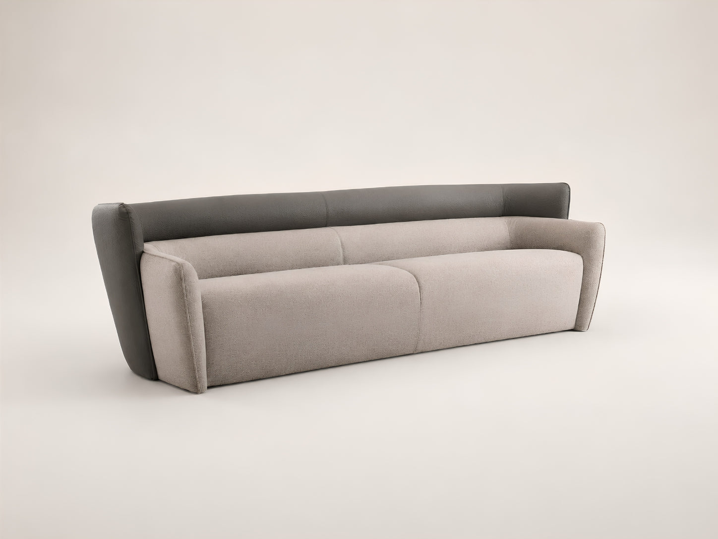 Wave curved sofa with dual-tone fabric, tapered arms and a low grounded profile for contemporary living spaces
